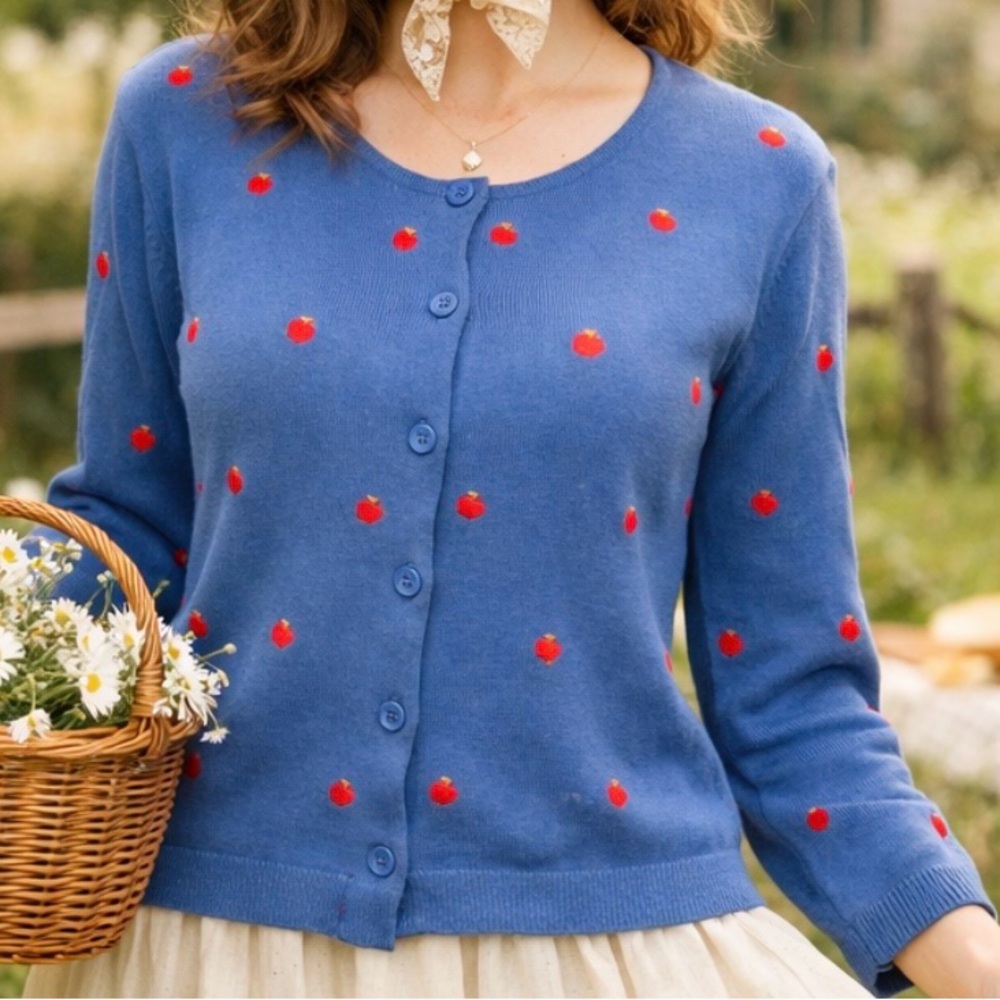 Baxter & Wells Blue Apple Embroidered 100% Cotton Cardigan Cottagecore Sz Small